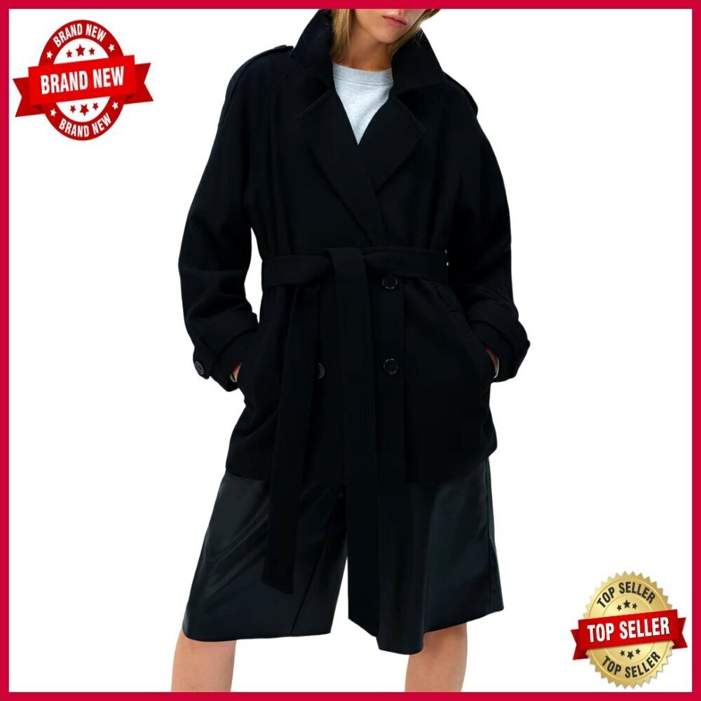 Wool Blend Pea Coat Double Breasted Notch Lapel Belted Winter Jacket